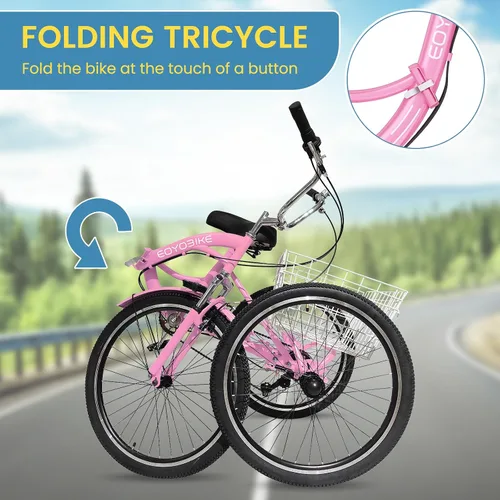 Miniatura 8 de NAIZEA Triciclo plegable para adultos, 7 velocidades, 20/24/26 pulgadas, triciclo plegable para adultos, bicicleta de 3 ruedas, triciclo plegable