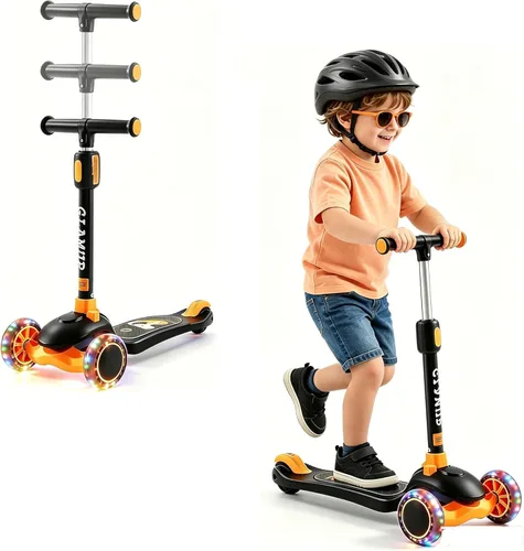 GLAMUP Patinete para niños de 3 ruedas, manillar ajustable en altura para niños, sistema de inclinación para dirección y mecanismo de fácil plegado,