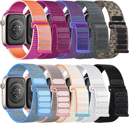 Lenrao Paquete de 10 bandas de nylon suaves compatibles con Apple Watch para mujeres y hombres de 38 mm, 40 mm, 41 mm, 42 mm, 44 mm, 45 mm, 49 mm,