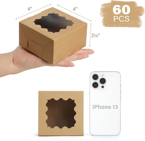 Miniatura 2 de LotFancy 60 cajas de panadería marrones con ventana, 4 x 4 x 2.5 pulgadas, cajas pequeñas para galletas, mini cajas de golosinas para mini pasteles