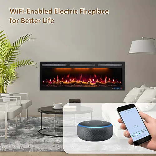 Miniatura 4 de Chimenea eléctrica de 50 pulgadas habilitada para WiFi con insertos y montaje en pared, chimenea eléctrica empotrada, llama multicolor, control por