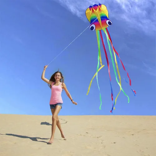 Miniatura 3 de Honbo Cometa de pulpo suave arcoíris para niños y audlts, cometa grande con línea de vuelo de 200 pies, juguete fácil de volar para juegos al aire