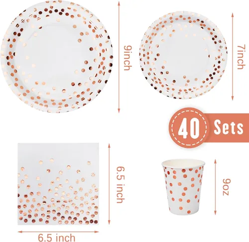 Miniatura 2 de Lzerking Juego de suministros para fiestas: 210 piezas de platos de papel de puntos blancos y dorados, vasos, servilletas y cubiertos resistentes