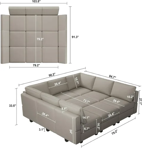 Miniatura 2 de Belffin Sofá modular seccional con otomanos, de terciopelo, reversible, con tumbona, cama para dormir, asiento de almacenamiento, gris, MD-S-1