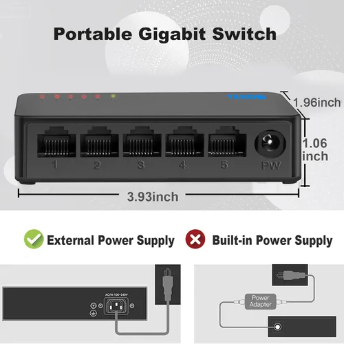 Miniatura 2 de Interruptor de red Gigabit de 5 puertos, interruptor portátil Plug & Play Carcasa sin ventilador, negro, para el hogar, oficina, interruptores