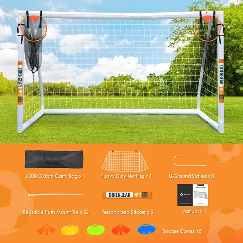 Miniatura 5 de ORIENGEAR Soccer Goal, 12x6/10x6.5/8x6/6x4 Full Size Soccer Goals for Backyard, Soccer Net with Training Discs, Portable Soccer Goal for Kids and
