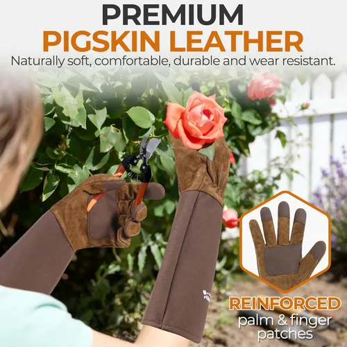 Miniatura 2 de HANDLANDY Guantes largos de jardinería para hombres y mujeres, guantes de poda de rosas de cuero de vaca - guantes tipo manopla transpirables