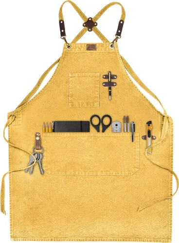 Miniatura 10 de LEATHER VILLAGE Delantales de chef para hombres y mujeres con bolsillos grandes, delantal de trabajo ajustable de lona de algodón con espalda Gris