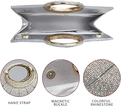 Miniatura 6 de GESU Bolso de mano para mujer, bolso de noche con diamantes de imitación de cristal, para boda, fiesta, cóctel, color plateado, grande