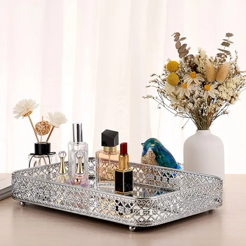Miniatura 3 de ELLDOO Bandeja para Espejo de Perfume de Tocador, Bandeja de Maquillaje, Organizador de Joyería Tallado en Hueco, Bandeja de Almacenamiento de Plata