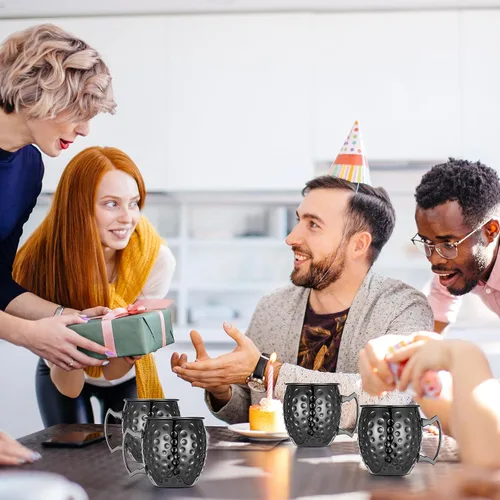 Miniatura 7 de Hoolerry 12 tazas Moscow Mule de acero inoxidable negro a granel Moscú chapado en cobre tazas con asa de 12 onzas con acabado martillado taza