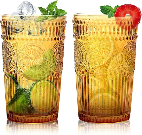 Miniatura 9 de Loivttvv Juego de 6 vasos de bebida vintage, vasos de Highball de 12 oz / 354.83 ml en ámbar, vasos de cristal acanalados con relieve para cóctel