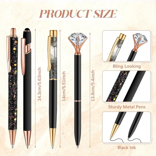Miniatura 3 de Sabary 8 bolígrafos negros con soporte para bolígrafo para escritorio, con purpurina, diamantes de cristal, bonito soporte para lápices, organizador