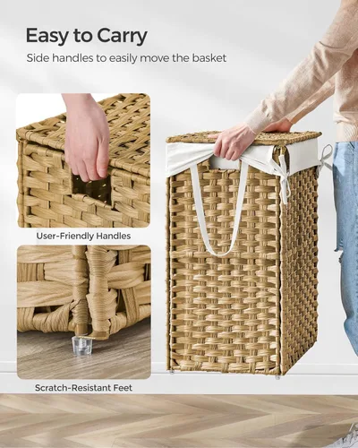 Miniatura 4 de SONGMICS Canasta de lavandería con tapa, cesto de ropa de 23.8 galones (90 L) de ratán sintético con tapa y asas, plegable, forro extraíble