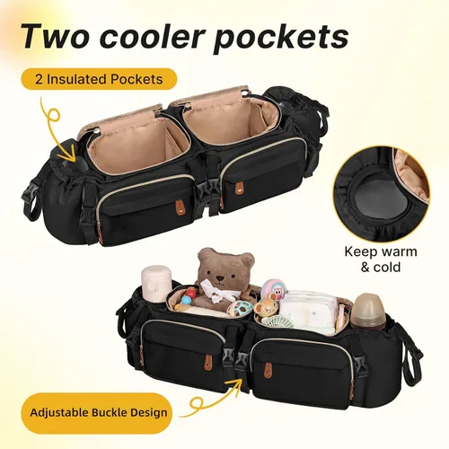 Miniatura 6 de Boomistry - Organizador doble para cochecito con 2 bolsillos refrigerantes, color negro Para Bob Duallie y Baby Jogger City Mini GT2, soporte