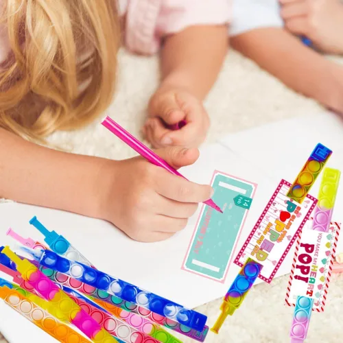 Miniatura 4 de 24 pulseras para el día de San Valentín con 24 tarjetas, juguetes para ansiedad de burbujas multicolor para la escuela, pulsera Pop Fidget Fidget