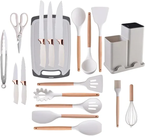 Miniatura 4 de Juego de utensilios de cocina y cuchillos de 19 piezas con bloque, 9 piezas de utensilios de cocina de silicona, 5 piezas afiladas de acero Beige