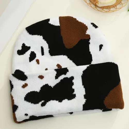 Miniatura 3 de GLOCALL Gorro con estampado de vaca, lindo gorro con estampado de vaca, gorro de otoño e invierno, gorro con puños, sombreros de punto cálido, gorra