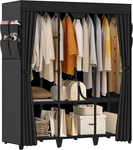 Miniatura 10 de Armario de Ropa, Montaje Rápido y Fácil, Clóset Portátil Negro con 2 Barras Colgantes, 4 Estantes de Almacenamiento y 8 Bolsillos Laterales, Estante