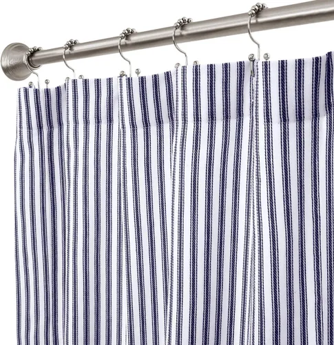 Cortina de ducha de algodón tejido a rayas tipo ticking azul marino y blanco de 72 pulgadas de ancho x 72 pulgadas de largo