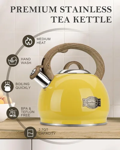 Miniatura 2 de Tetera para Estufa, 2.7QT Tetera Silbadora de Acero Inoxidable para Parte Superior de Estufa Estética, Hervidores de Agua Portátiles para Acampar
