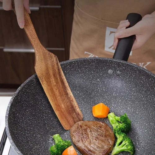 Miniatura 2 de Juego de utensilios de cocina de madera, 6 cucharas de mango largo de acero inoxidable, para madres, leches, té, mezcla, cóctel, agitación, café