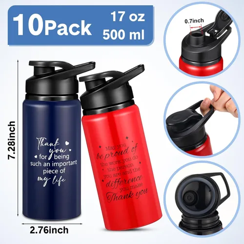 Miniatura 2 de Bokon Paquete de 10 botellas de agua de aluminio de 17 onzas a granel, regalos de agradecimiento para profesores, multicolor, reutilizables