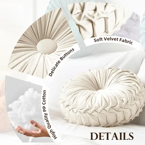 Miniatura 5 de Teieas Almohada redonda de terciopelo para decoración del hogar, cojín redondo plisado para sofá, silla, cama, automóvil, verde esmeralda