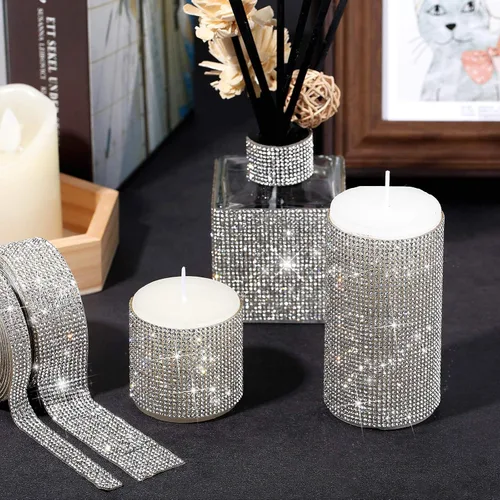 Miniatura 4 de 2 rollos de 6 yardas con diamantes de imitación autoadhesivos de cristal brillante para decoración de bricolaje, cinta de diamante con diamantes