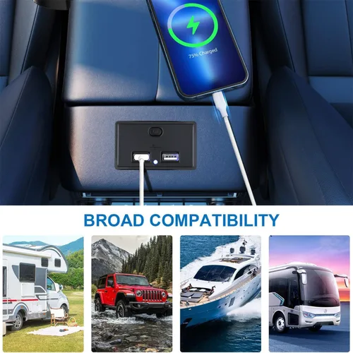 Miniatura 2 de Cargador USB dual con panel de toma de corriente con interruptor, 12V-24V 4.8A Cargador rápido de coche de doble puerto para coche, caravana