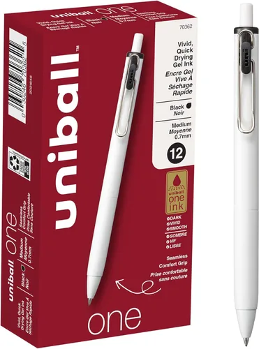 Uniball UniONE - Bolígrafo de gel, retráctil, mediano de 0.028 in, tinta negra, barril blanco, docena (paquete de 12)