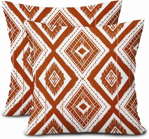 Juego de 2 fundas de almohada geométricas de color naranja quemado de 18 x 18 pulgadas con diamantes Ikat de color marfil óxido, estilo bohemio,