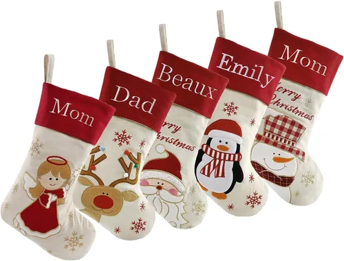 Miniatura 13 de Juego de 3, medias de Navidad personalizadas de 18 pulgadas con tecnología de bordado, diseños de Papá Noel, muñeco de nieve y renos para decoración