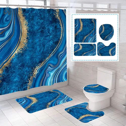Miniatura 10 de Juego de 4 cortinas de ducha de mármol de lujo, juegos de baño con cortina de ducha, alfombra de tapa de inodoro, tapete de baño y tapete