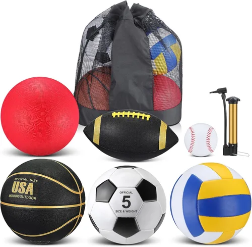 Miniatura 8 de Libima Juego de 6 Pelotas Multideporte de Tamaño Oficial Fútbol Baloncesto Fútbol Soccer Voleibol Pelota de Patio Béisbol con Bolsa de Equipo