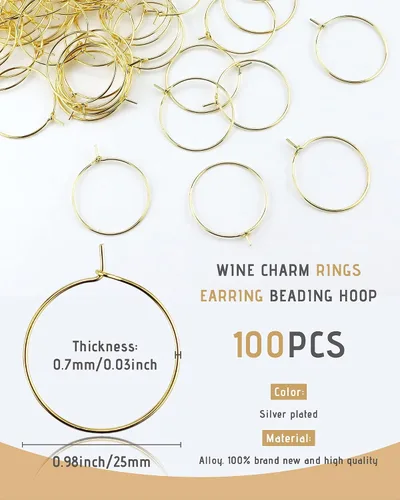 Miniatura 2 de JIALEEY 100 anillos de cristal de vino de 0.98 pulgadas chapados en oro de 0.98 pulgadas (0.984 in), aro abierto para hacer joyas, boda, fiesta