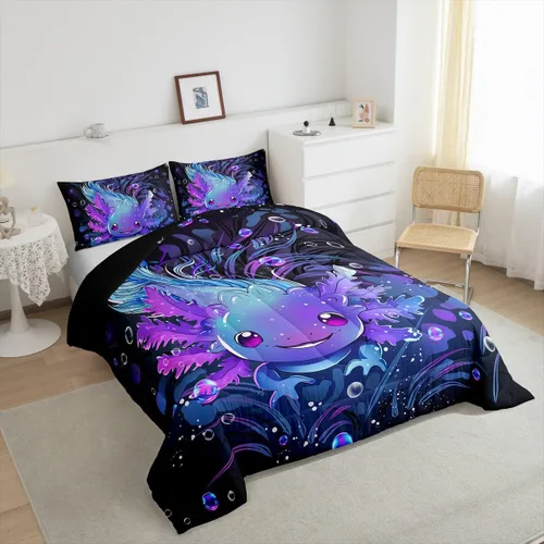 Miniatura 4 de Feelyou Lindo juego de ropa de cama de ajolote para niños y niñas tamaño twin, juego de edredón de salamandra para niños, mujeres y hombres, edredón