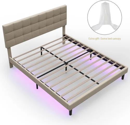 Miniatura 7 de Base de cama moderna de plataforma tapizada de tamaño Queen, marco de cama de lino con luces, cabecera ajustable con costuras cuadradas, sistema