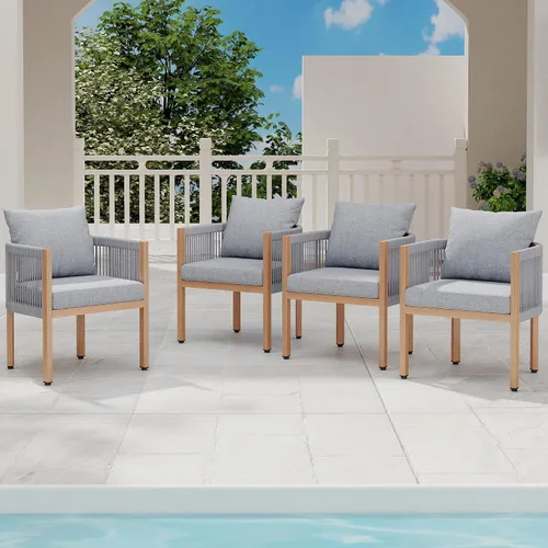 Miniatura 13 de Juego de 2 sillas de comedor al aire libre, juego de muebles de patio de mimbre con reposabrazos, respaldo acolchado, sillas de comedor de barril