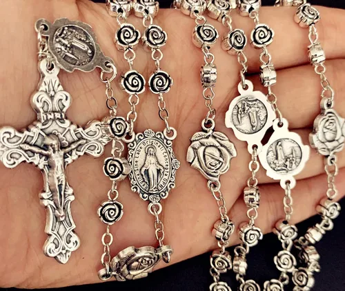 Miniatura 5 de elegantmedical Hecho a mano vintage plata rosa cuentas rosario católico collar cruz caja de regalo Italia crucifijo, Plata