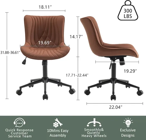 Miniatura 2 de YOUTASTE Silla de oficina marrón café, moderna silla de escritorio sin brazos con ruedas, ajustable, giratoria, mecedora, sillas de estudio