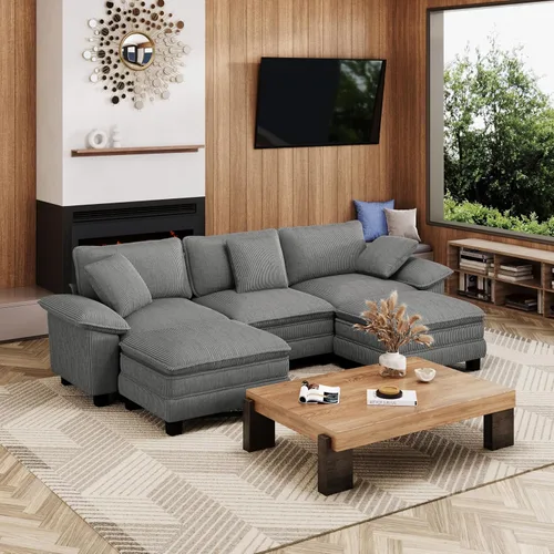 Miniatura 64 de MIXPATIO Sofá modular en forma de L de 123 pulgadas con cojines de nube, juego de sofá modular de asiento profundo con 4 asientos y 1 otomana, Gris