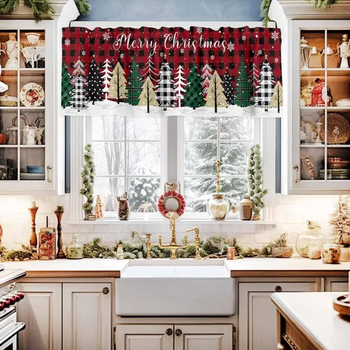 Miniatura 2 de Cenefa de Navidad para Ventanas Cortinas de Árbol de Navidad Alegre Cenefas con Bolsillo para Barra Cenefa Tratamientos para Ventanas Cuadros Árbol