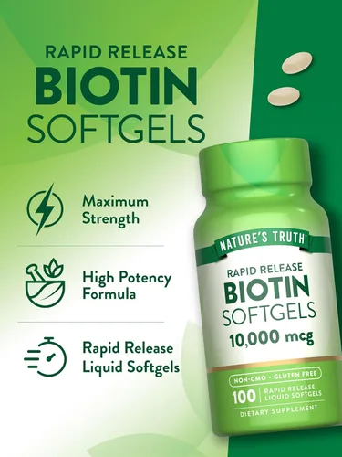 Miniatura 5 de Nature's Truth Biotin 10,000mcg Cápsulas blandas de liberación rápida 100 unidades Suplemento sin OMG y sin gluten