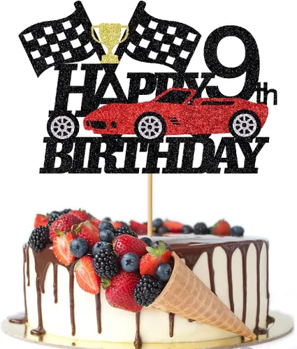 Miniatura 13 de Decoración de pastel de auto de carreras de 3 años, decoración de pastel de feliz tercer cumpleaños, auto de carreras, bandera a cuadros, rueda