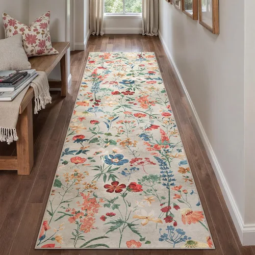 Miniatura 5 de PureCozy Alfombra de pasillo floral de 3 x 10, lavable, larga, color beige, dormitorio, alfombra antideslizante, para interiores, estilo bohemio