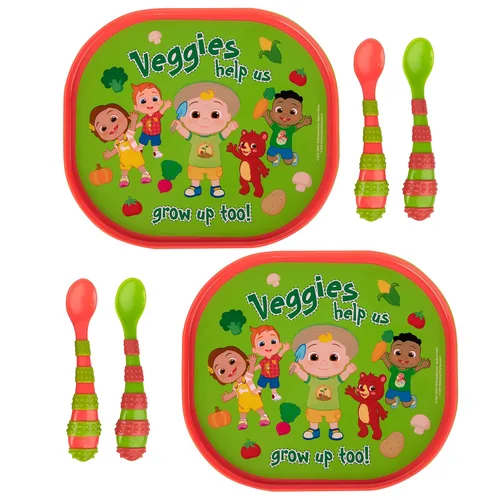 The First Years CoComelon - Juego de vajilla para niños pequeños, juego de vajilla de plástico y utensilios para niños, 2 platos reversibles para