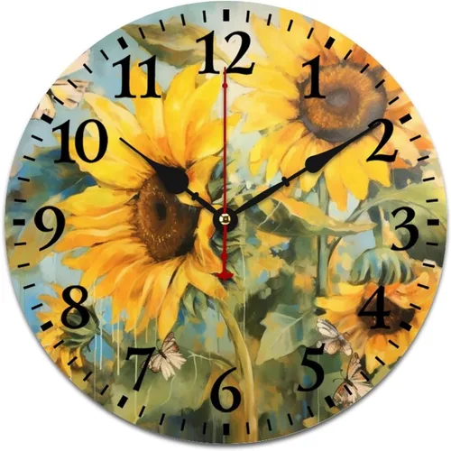 Miniatura 13 de Relojes de pared de 16 pulgadas, girasol con abejas y hojas, movimiento de cuarzo decorativo de madera, número arábigo, mariposa, girasol, reloj