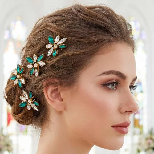 Miniatura 4 de Yokawe Horquillas para el pelo de boda con diamantes de imitación, horquilla de novia con purpurina de cristal verde, elegante tocado formal