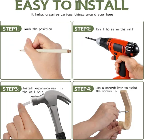 Miniatura 7 de Ganchos de Pared de Madera Natural, Paquete de 4 Ganchos de Abrigo de Madera Montados en la Pared, Gancho Colgador de Clavija de Madera Decorativo